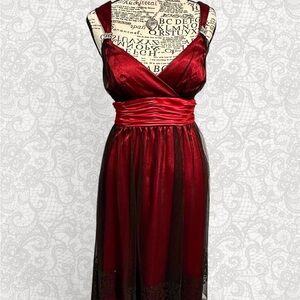Vintage Gothic Red Party Dress w/ Mesh Overlay and Red Silk Waistband